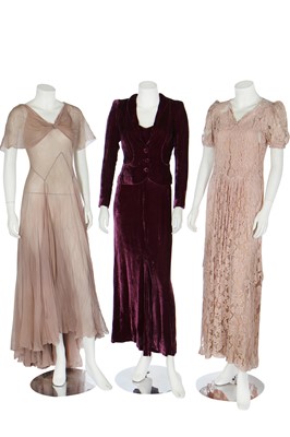 Lot 69 - Five dinner and evening gowns in mainly shades of blush pink, 1930s