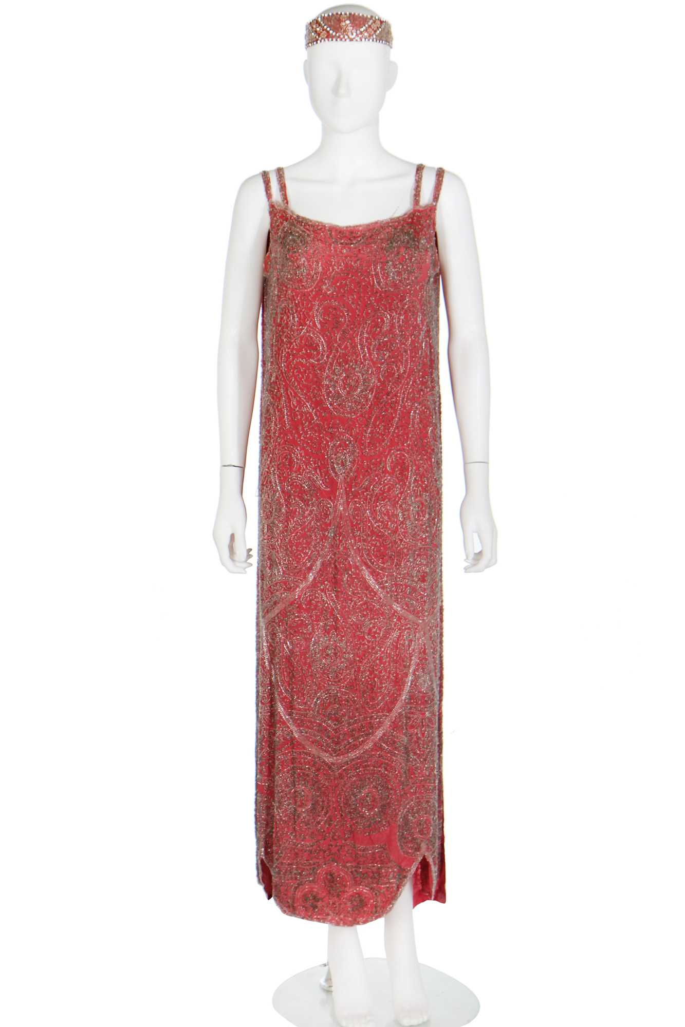 Lot 52 - A coral-pink silk beaded flapper dress, late 1920s