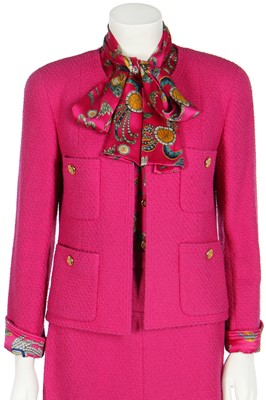 Lot 335 - A Chanel hot-pink wool and printed silk ensemble, circa 1993