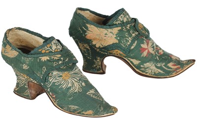 Lot 352 - Two brocaded green silk ladies' shoes, 1720-30