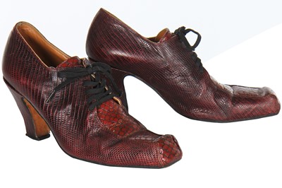 Lot 456 - A rare pair of House of Beauty and Culture for Alexander McQueen burgundy leather lace-up shoes, 'Highland Rape' collection, Autumn-Winter 1995-96