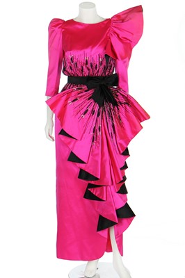 Lot 179 - A bespoke Darnell shocking-pink and black satin evening gown, 1983