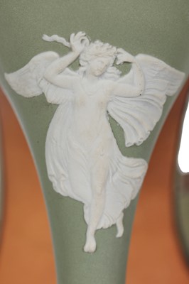 Lot 160 - A pair of Rayne sage-green leather shoes with Wedgwood jasperware heels, 1978