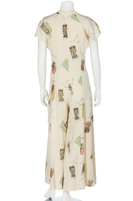 Lot 125 - An Alice Pollock Tarot-card printed ivory moss crêpe jumpsuit,  late 1960s-early 70s