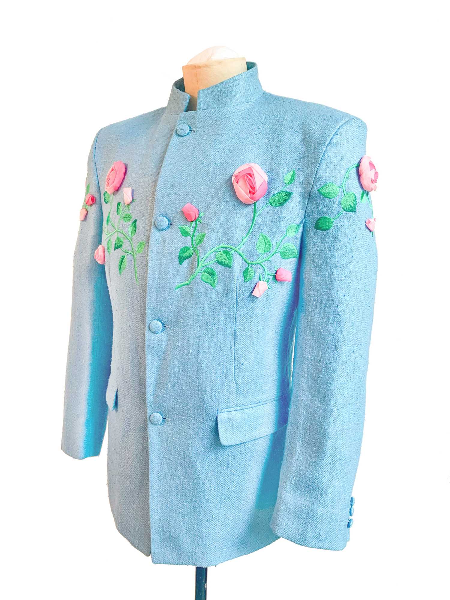 Lot 89 - A rare Richard James embroidered sky-blue silk-blend jacket, 'Cecil Beaton' collection, Spring-Summer 1990