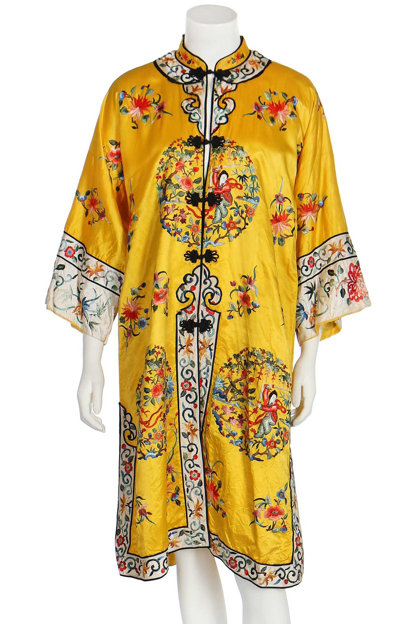 Lot 311 - An embroidered yellow satin robe, Chinese,