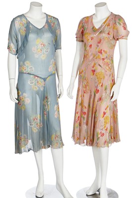 Lot 214 - Two bias-cut floral printed chiffon dresses, 1930s