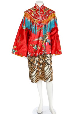 Lot 314 - An embroidered red satin theatrical robe, Chinese, 20th century