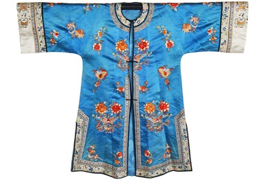 Lot 307 - A blue satin embroidered informal robe, Chang-Fu, Chinese, circa 1920