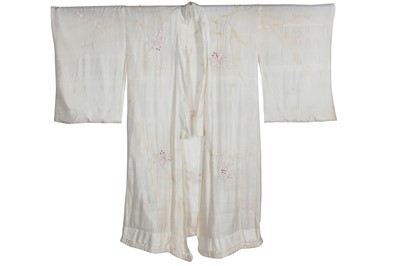 Lot 237 - A burgundy velvet robe appliquéd with large gilt-thread embroidered cranes amongst lily pads, Japanese, probably 1910s
