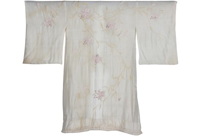 Lot 237 - A burgundy velvet robe appliquéd with large gilt-thread embroidered cranes amongst lily pads, Japanese, probably 1910s