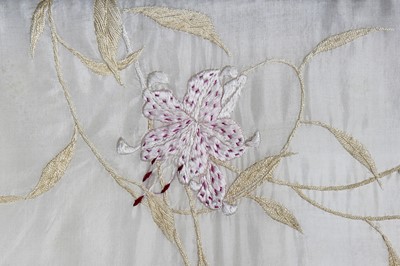 Lot 237 - A burgundy velvet robe appliquéd with large gilt-thread embroidered cranes amongst lily pads, Japanese, probably 1910s