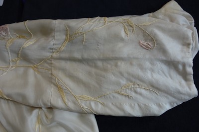 Lot 237 - A burgundy velvet robe appliquéd with large gilt-thread embroidered cranes amongst lily pads, Japanese, probably 1910s