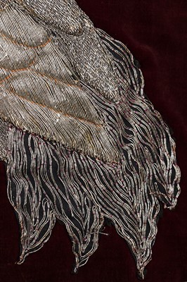 Lot 237 - A burgundy velvet robe appliquéd with large gilt-thread embroidered cranes amongst lily pads, Japanese, probably 1910s