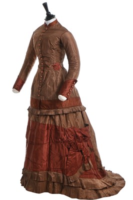 Lot 239 - A Nicaud of Paris brown taffeta day dress, late 1870s