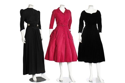 Lot 205 - Eight dresses, mainly in shades of burnt-orange and black, 1940s