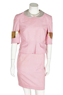 Lot 110 - A Vivienne Westwood pink gingham cotton two-piece ensemble with gilt 'frame' stencilling, 'Civilizade' collection, Spring-Summer 1989