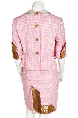 Lot 110 - A Vivienne Westwood pink gingham cotton two-piece ensemble with gilt 'frame' stencilling, 'Civilizade' collection, Spring-Summer 1989