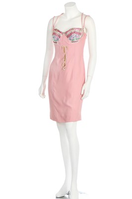 Lot 130 - A Moschino pink rayon-blend dress with embellished 'tea cups' to bust, circa 1991