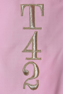 Lot 130 - A Moschino pink rayon-blend dress with embellished 'tea cups' to bust, circa 1991