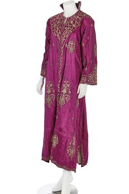 Lot 293 - A purple satin robe adorned with arabesques of metallic thread-strapwork, Turkish, 19th century