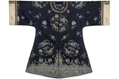 Lot 305 - An embroidered midnight-blue satin informal robe, chang-fu, Chinese, circa 1900