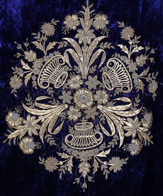 Lot 296 - A royal-blue velvet embroidered table cover, Turkish, Ottoman, circa 1860