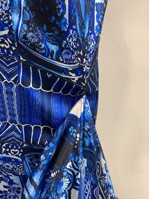 Lot 437 - A Roberto Cavalli 'Chinese' blue and white satin sheath, Autumn-Winter 2005-06