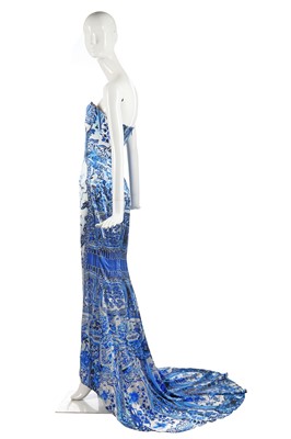 Lot 437 - A Roberto Cavalli 'Chinese' blue and white satin sheath, Autumn-Winter 2005-06