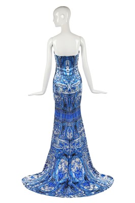 Lot 437 - A Roberto Cavalli 'Chinese' blue and white satin sheath, Autumn-Winter 2005-06