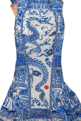 Lot 437 - A Roberto Cavalli 'Chinese' blue and white satin sheath, Autumn-Winter 2005-06