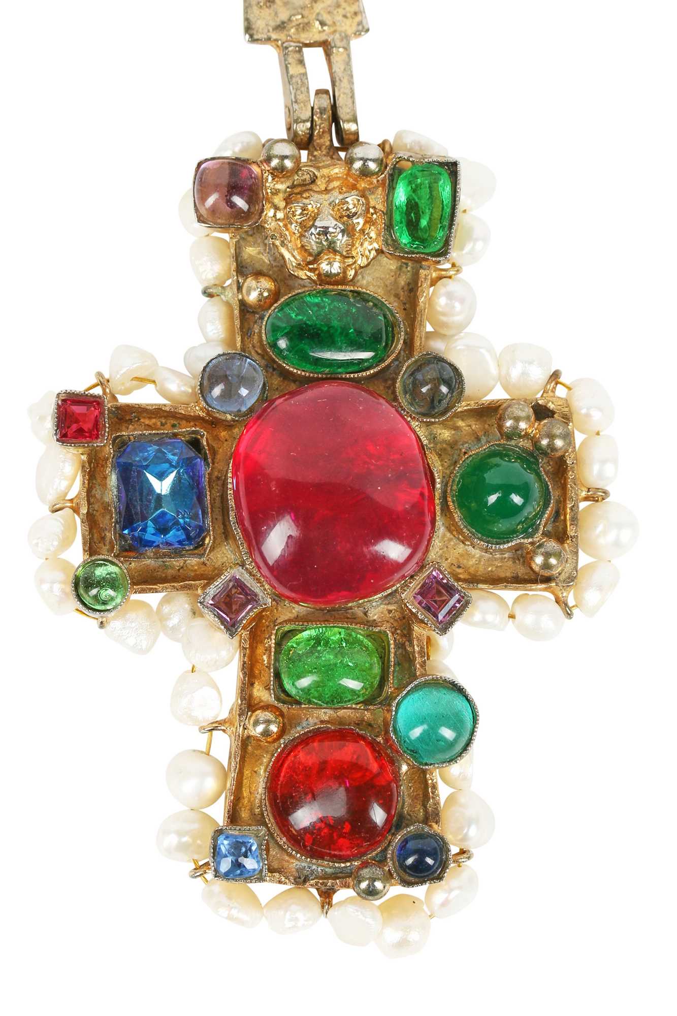 Lot 14 - A fine Chanel gilt chain necklace with large bejewelled crucifix pendant, 1971-1981