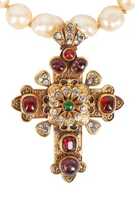 Lot 15 - A Chanel baroque 'pearl' necklace with large bejewelled gilt crucifix pendant, 1985