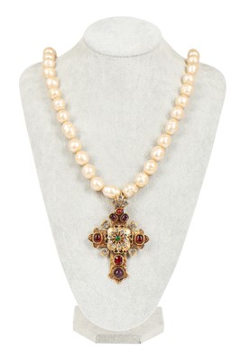 Lot 15 - A Chanel baroque 'pearl' necklace with large bejewelled gilt crucifix pendant, 1985