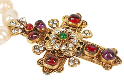 Lot 15 - A Chanel baroque 'pearl' necklace with large bejewelled gilt crucifix pendant, 1985