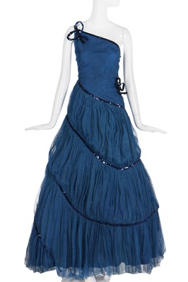 Lot 69 - A Lucien Lelong couture blue mesh crinoline dress, circa 1938