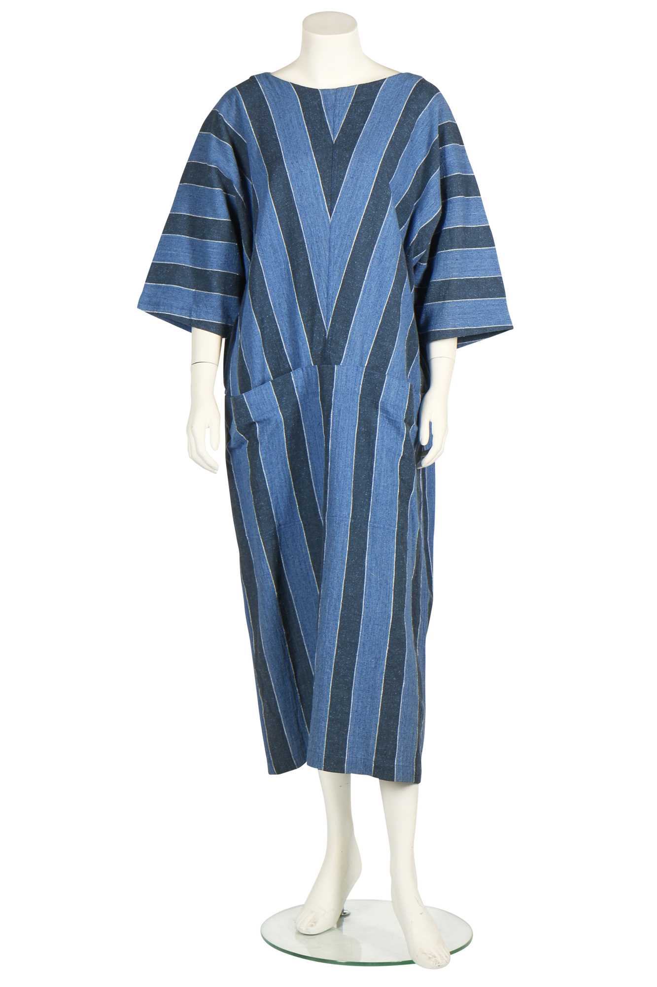 Lot 181 - An Issey Miyake striped cotton dress in shades of blue, 1980s