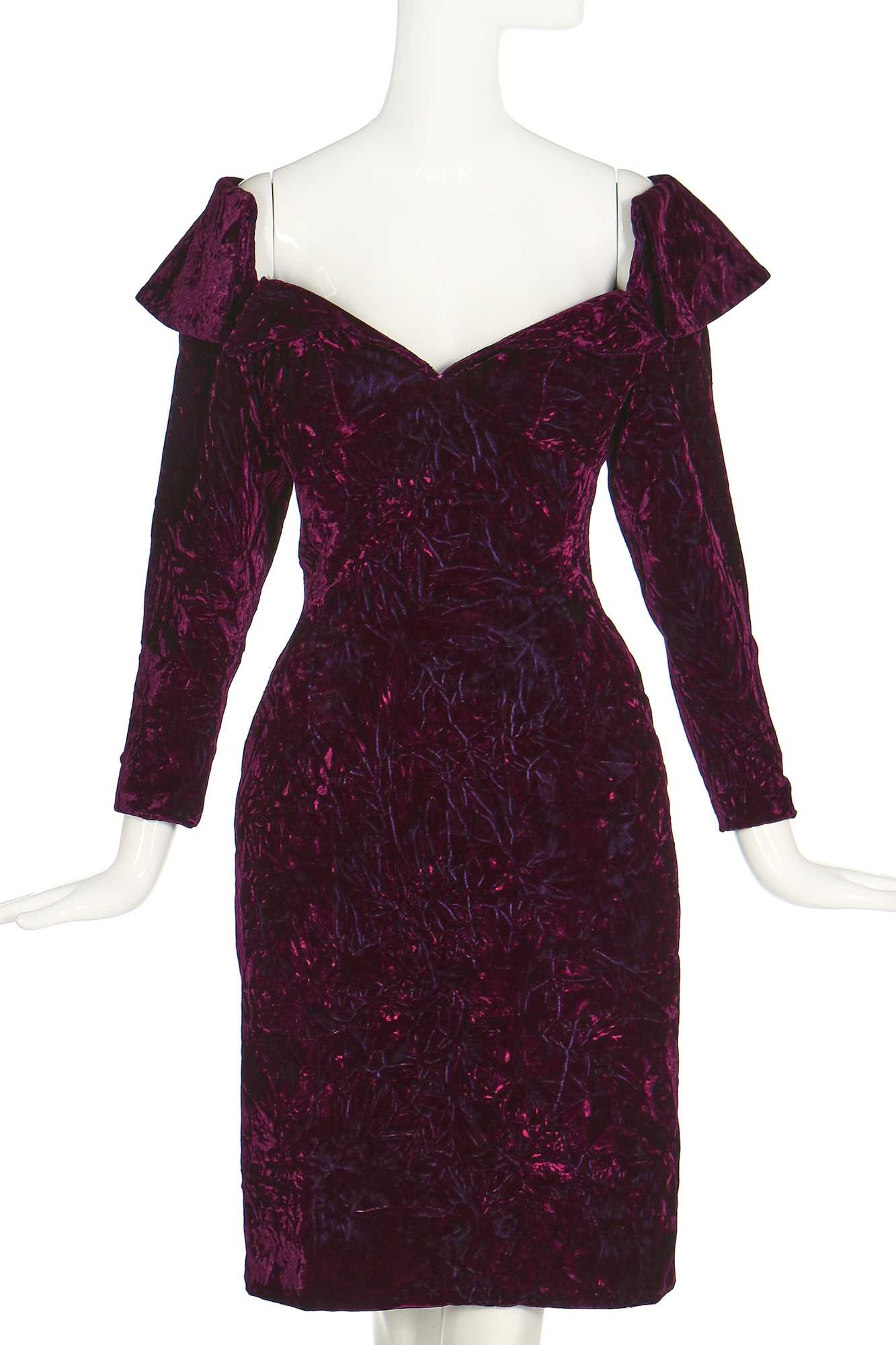 Lot 198 - Jerry Hall's Antony Price purple crushed-velvet cocktail dress, circa 1990