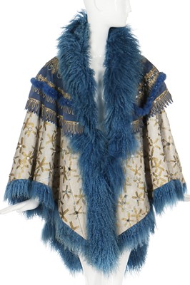 Lot 151 - A rare Zandra Rhodes reversible suede and Mongolian-lamb-fur cape, 'Egyptian' collection, 1987