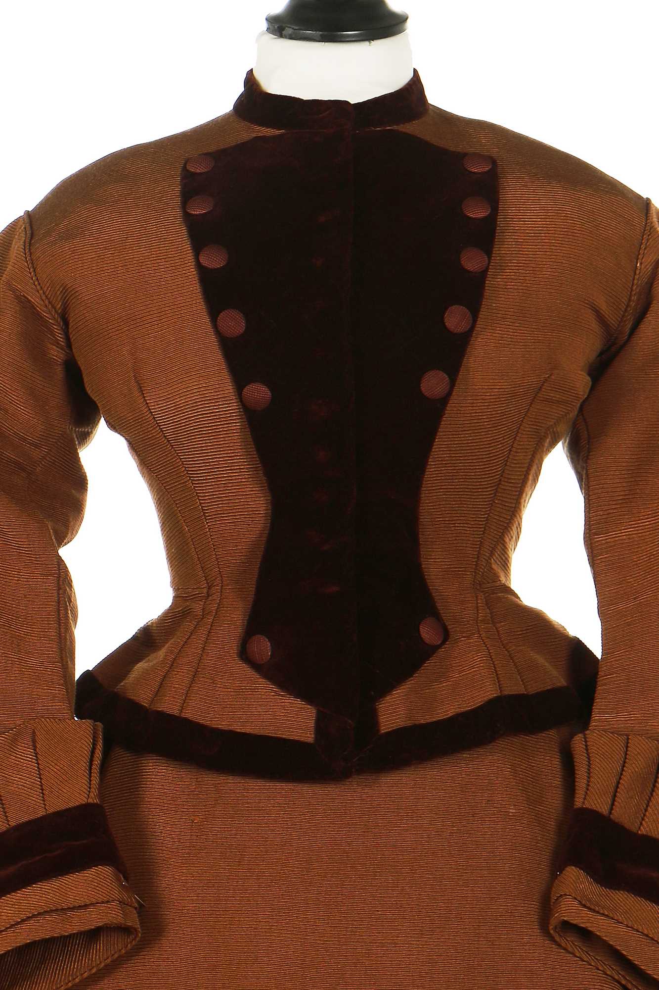 Click for high resolution Lot 45 - An afternoon dress of cinnamon-brown ottoman silk-wool, 1865-70