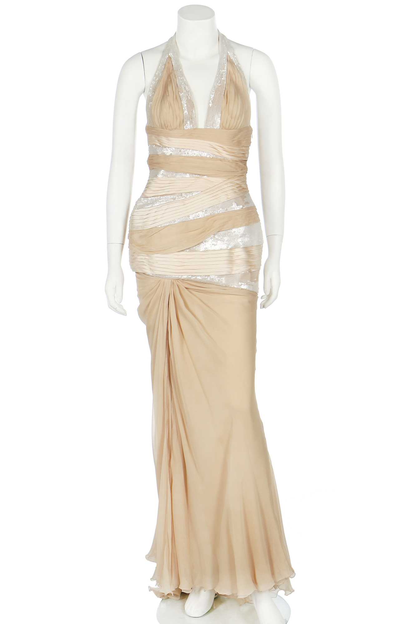 2004 Versace by Donatella Rhinestone Silk Satin Chiffon Cutout Gown For  Sale at 1stDibs