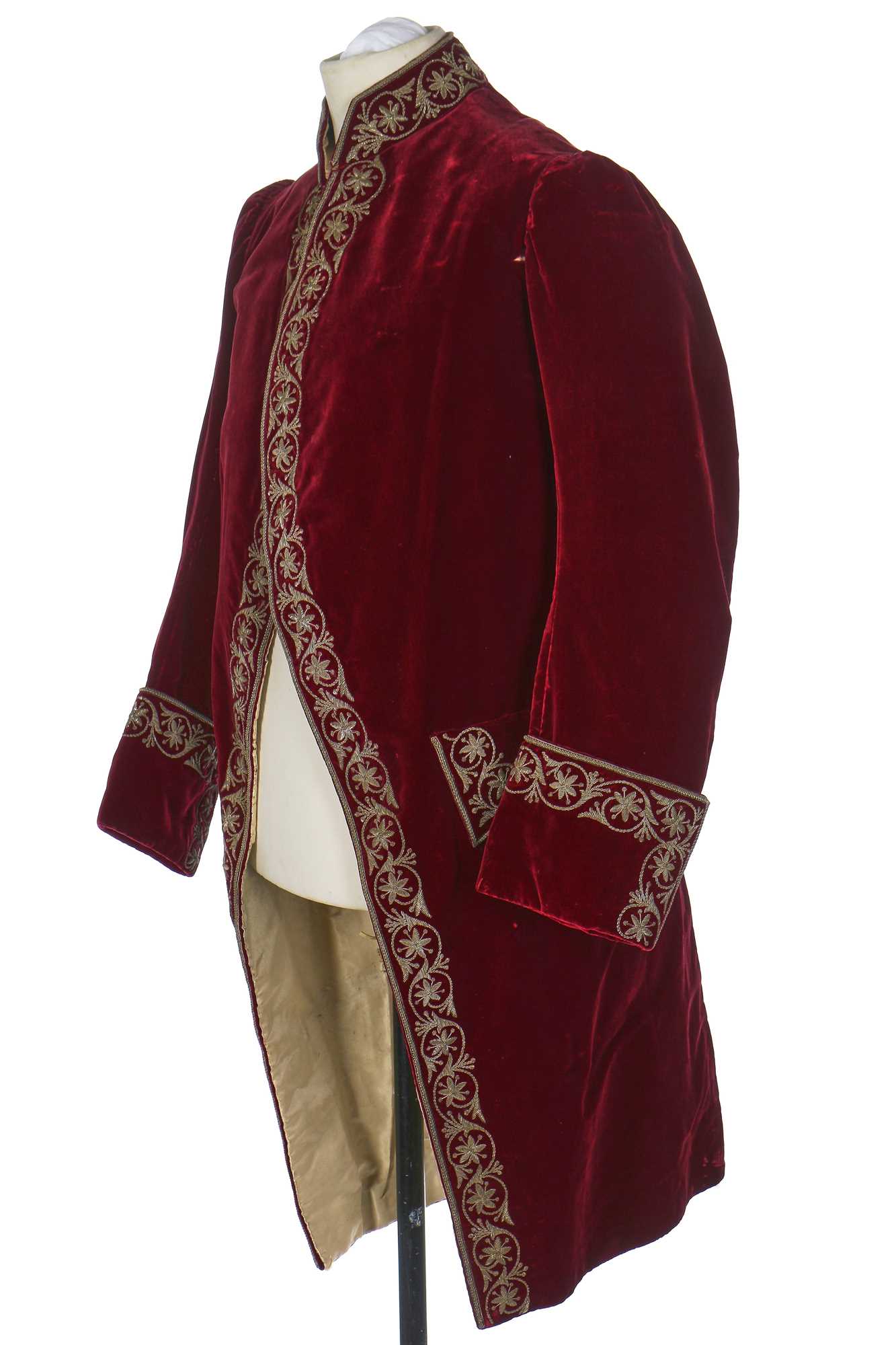 Lot 39 - A gentleman's embroidered crimson velvet court coat, late 19th century