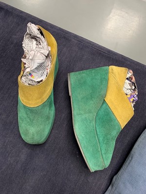 Lot 125 - A rare pair of Biba two-tone suede wedge-heeled shoes, 1970s