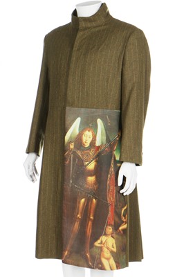 Lot 219 - An Alexander McQueen men's pinstriped green wool coat, 'It's a Jungle Out There' collection, Autumn-Winter 1997