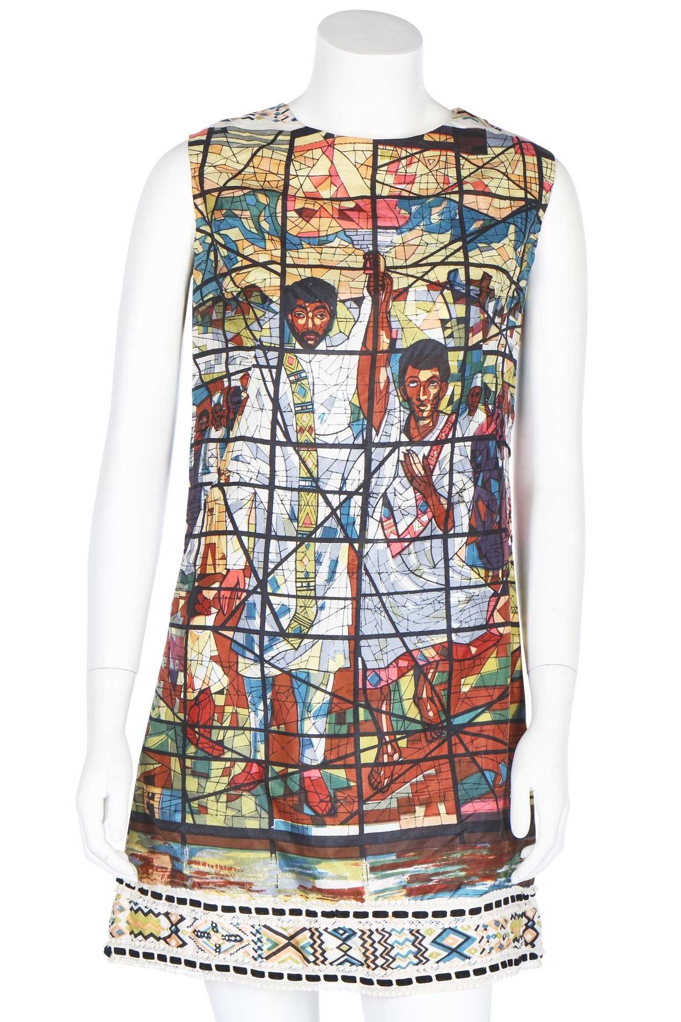 Lot 277 - A mini-dress formed from a printed silk panel depicting 'The Total Liberation of Africa' by Afewerk Tekle, circa 1965