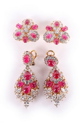 Lot 86 - A pair of synthetic ruby and marquise cut...