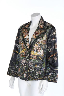 Lot 365 - A good Chinese embroidered black satin jacket for the European market, 1920s-early 30s