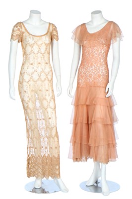 Lot 317 - Two sherbet-orange evening gowns in beaded tulle and lace/chiffon, 1930s