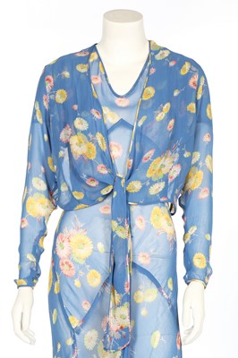 Lot 333 - A floral printed sky-blue chiffon garden party ensemble, 1930s