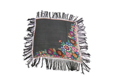 Lot 374 - A Reville embroidered black chiffon shawl, 1920s